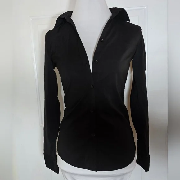 French Kiss Black Button Up Collared Top Cuffed Sleeves - Picture 2 of 8